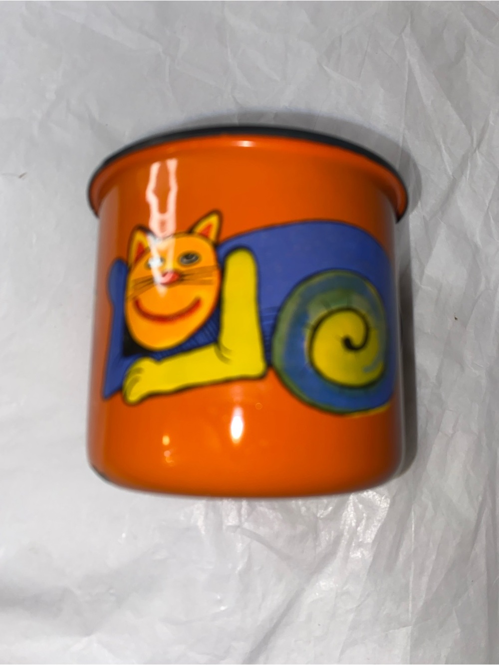 Bright Orange Cat Motif Enamel Cup